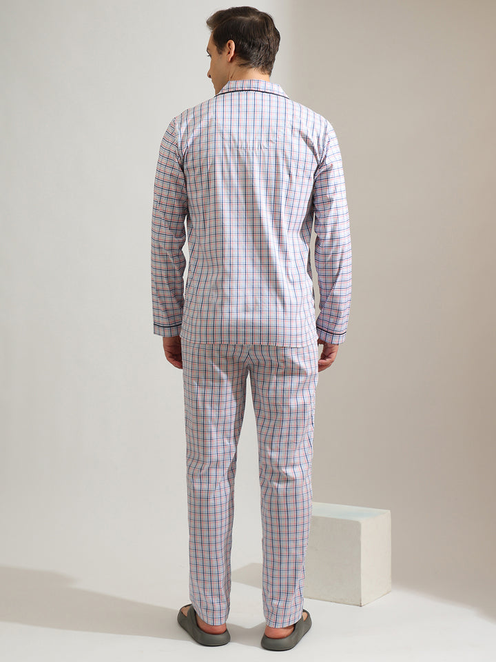 Hancock   Men   White & Multi   Checks   Pure Cotton   Relaxed Fit   Night Wear   Night Suit