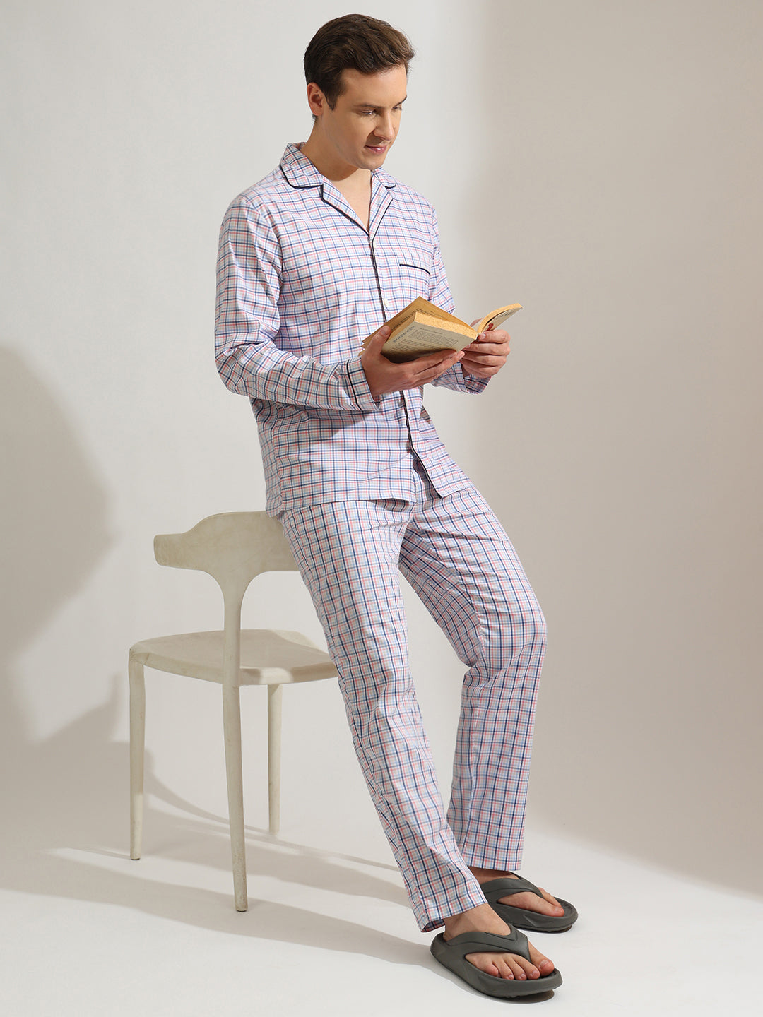 Hancock   Men   White & Multi   Checks   Pure Cotton   Relaxed Fit   Night Wear   Night Suit
