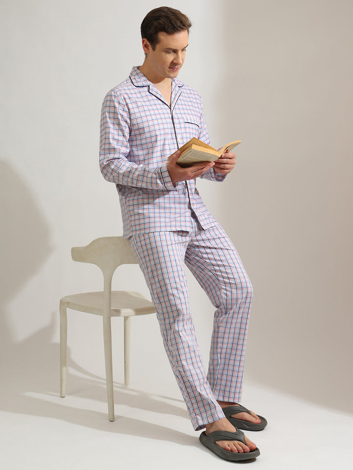 Hancock   Men   White & Multi   Checks   Pure Cotton   Relaxed Fit   Night Wear   Night Suit