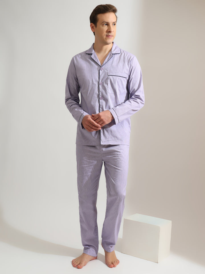 Hancock   Men   Lilac   Checks   Pure Cotton   Relaxed Fit   Night Wear   Night Suit