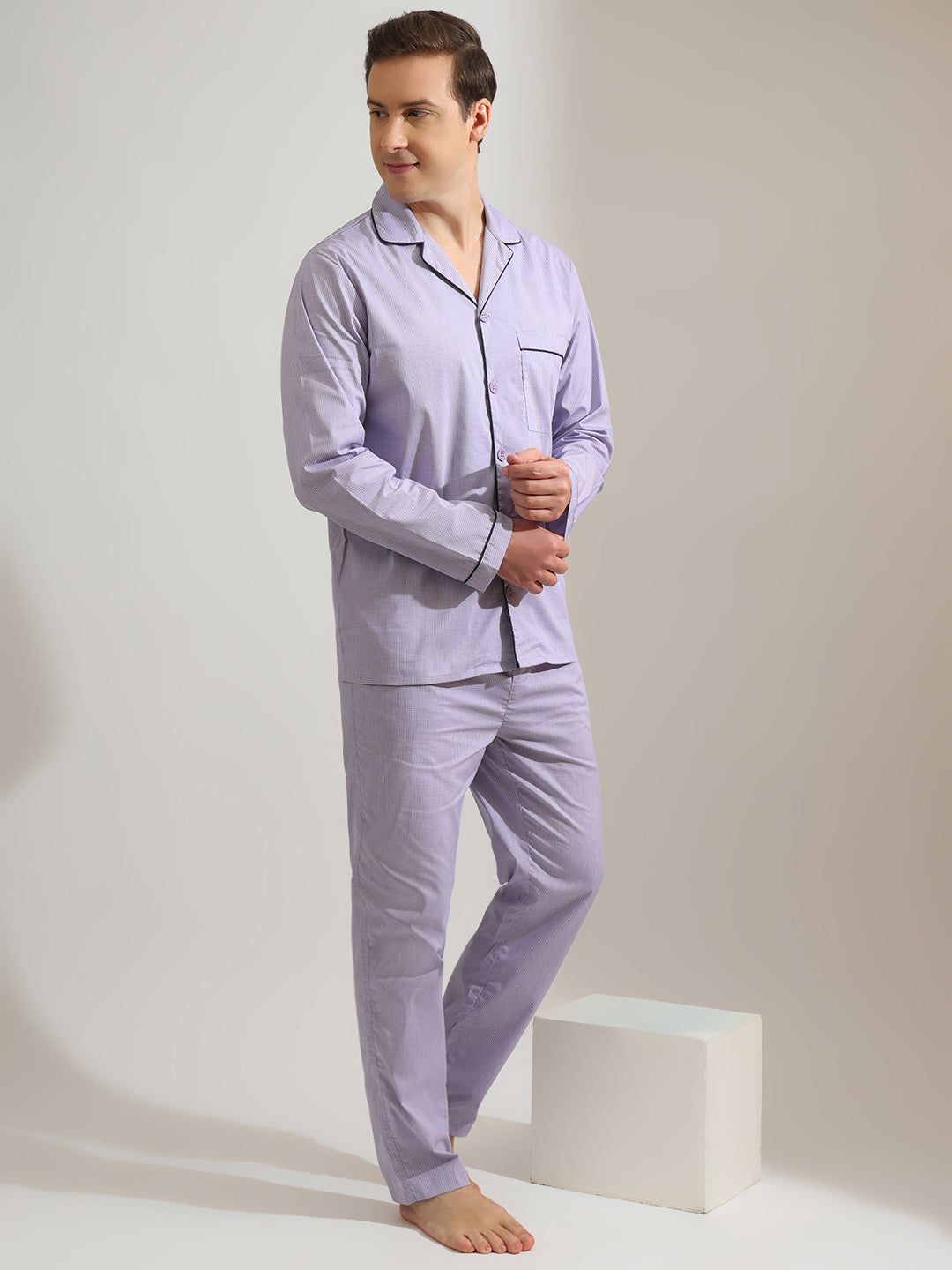 Hancock   Men   Lilac   Checks   Pure Cotton   Relaxed Fit   Night Wear   Night Suit