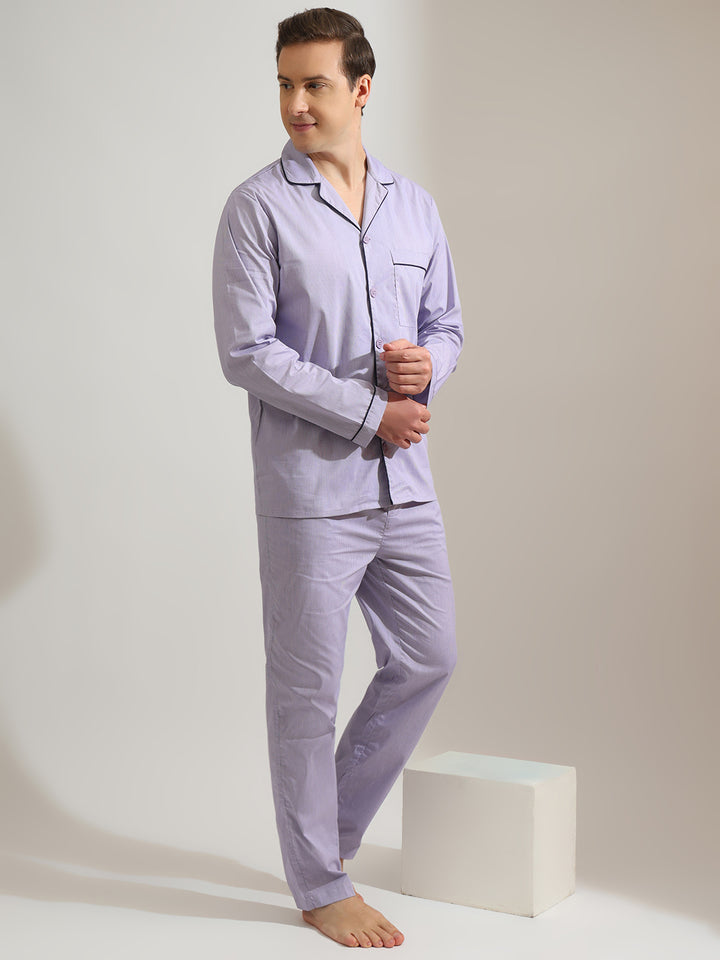 Hancock   Men   Lilac   Checks   Pure Cotton   Relaxed Fit   Night Wear   Night Suit