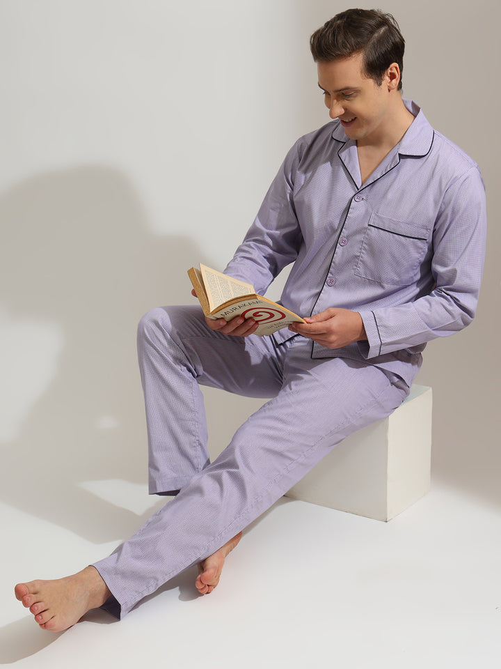 Hancock   Men   Lilac   Checks   Pure Cotton   Relaxed Fit   Night Wear   Night Suit