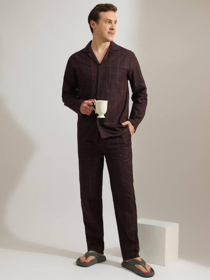 Hancock   Men   Brown   Checks   Pure Cotton   Relaxed Fit   Night Wear   Night Suit