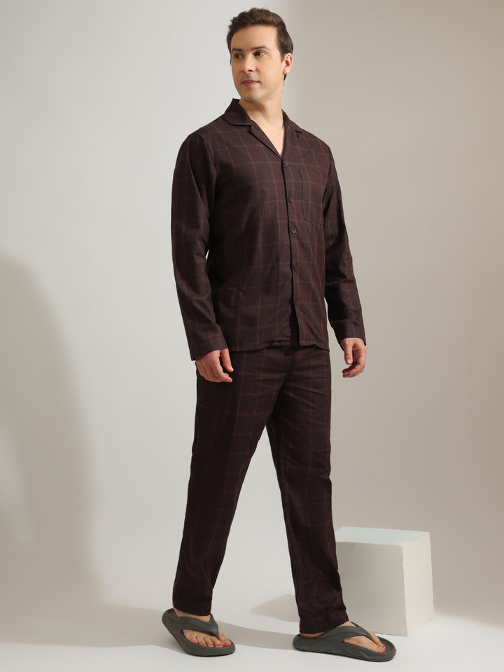 Hancock   Men   Brown   Checks   Pure Cotton   Relaxed Fit   Night Wear   Night Suit