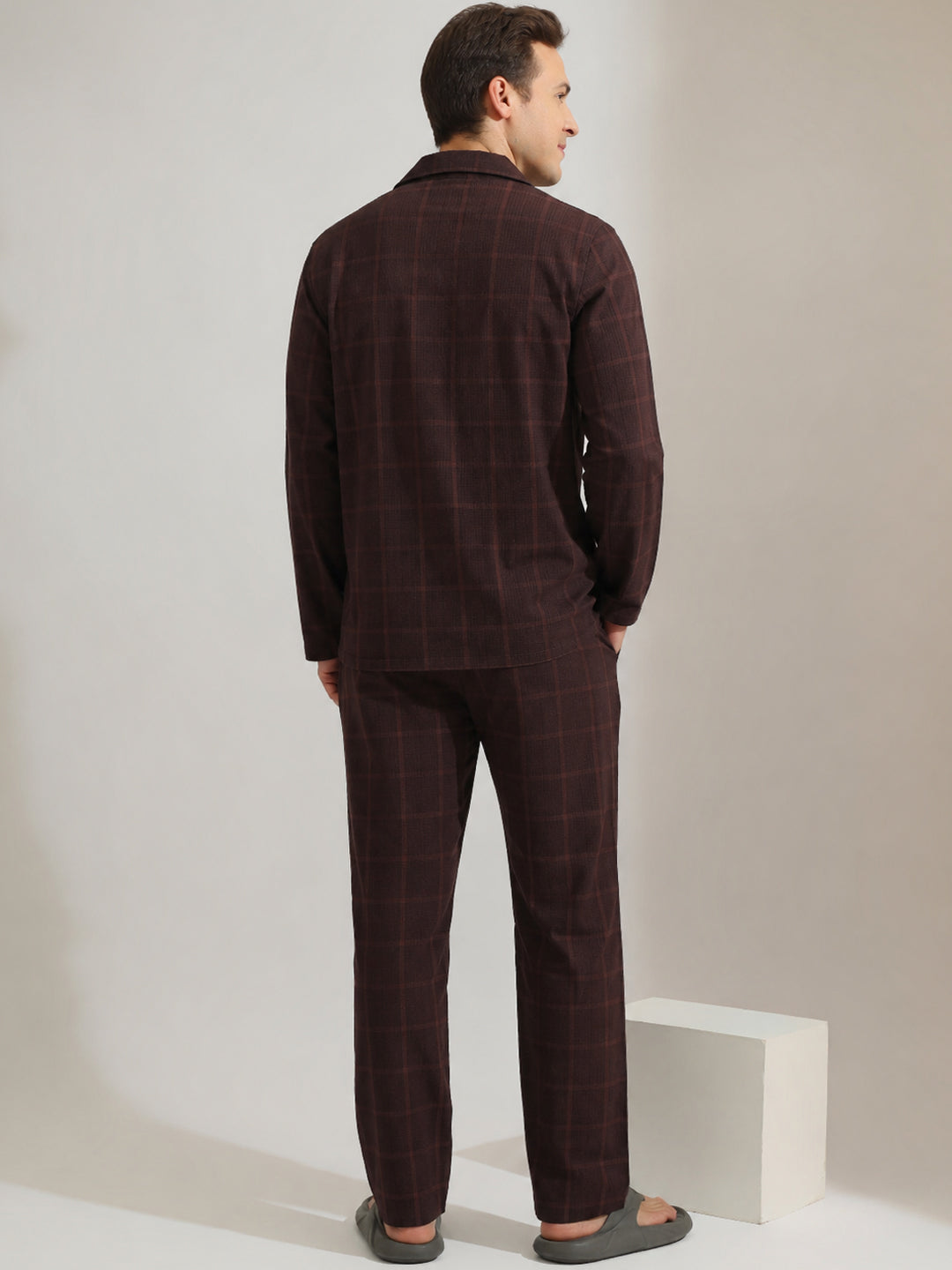 Hancock   Men   Brown   Checks   Pure Cotton   Relaxed Fit   Night Wear   Night Suit