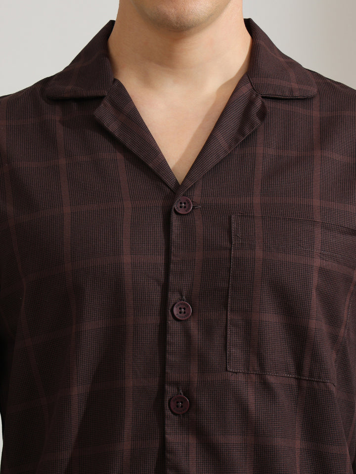 Hancock   Men   Brown   Checks   Pure Cotton   Relaxed Fit   Night Wear   Night Suit