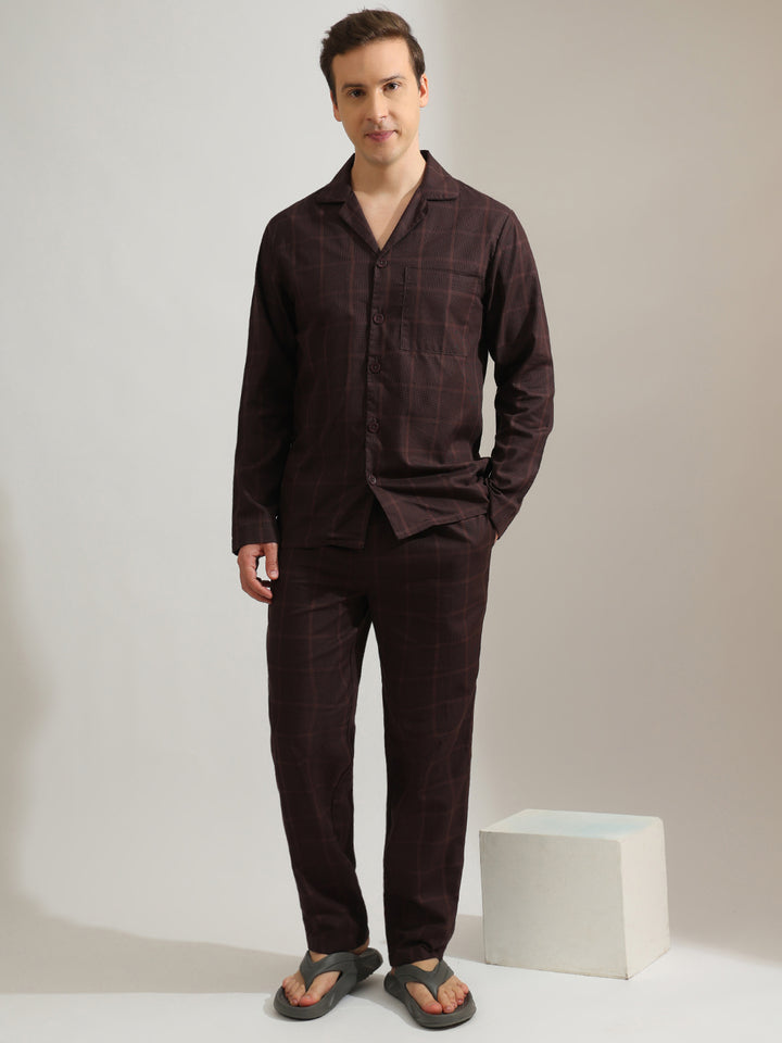 Hancock   Men   Brown   Checks   Pure Cotton   Relaxed Fit   Night Wear   Night Suit