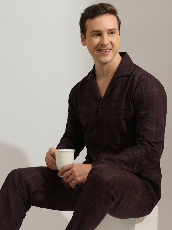Hancock   Men   Brown   Checks   Pure Cotton   Relaxed Fit   Night Wear   Night Suit