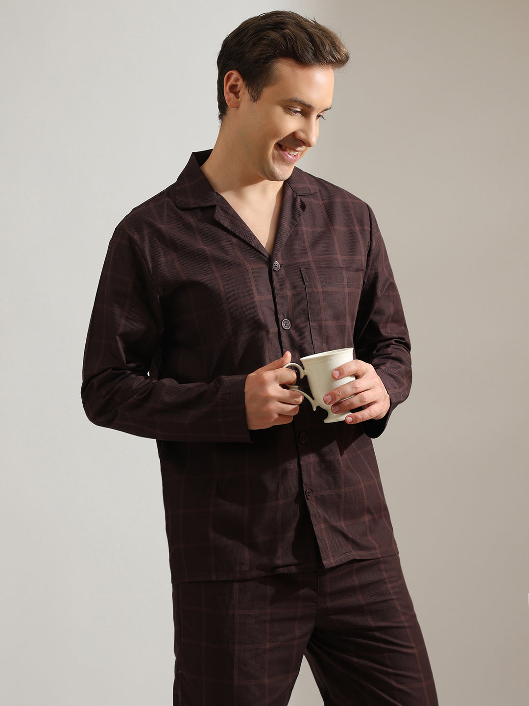 Hancock   Men   Brown   Checks   Pure Cotton   Relaxed Fit   Night Wear   Night Suit