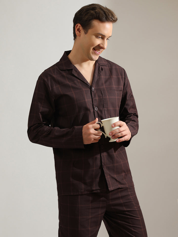 Hancock   Men   Brown   Checks   Pure Cotton   Relaxed Fit   Night Wear   Night Suit