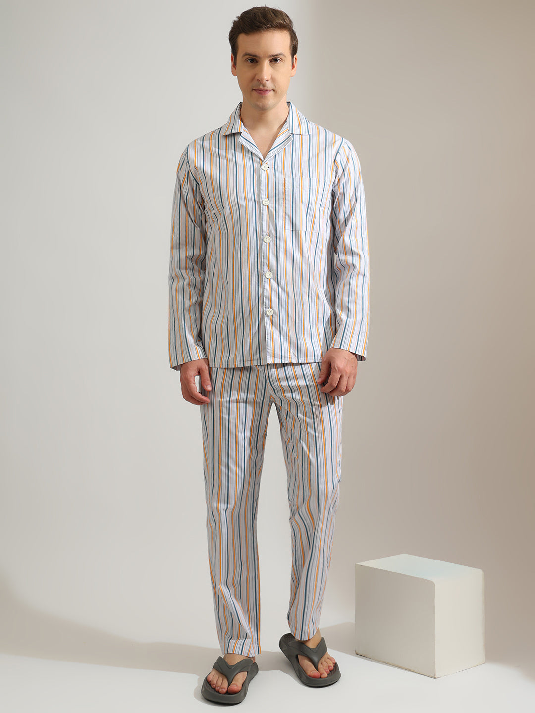 Hancock   Men   Sky Blue   Stripes   Pure Cotton   Relaxed Fit   Night Wear   Night Suit