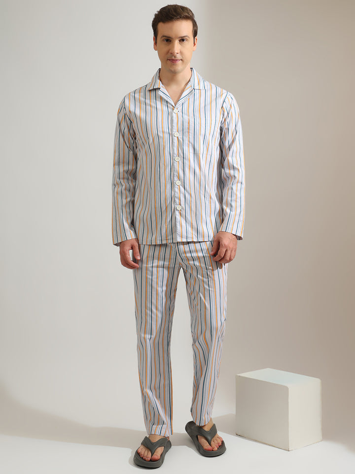 Hancock   Men   Sky Blue   Stripes   Pure Cotton   Relaxed Fit   Night Wear   Night Suit