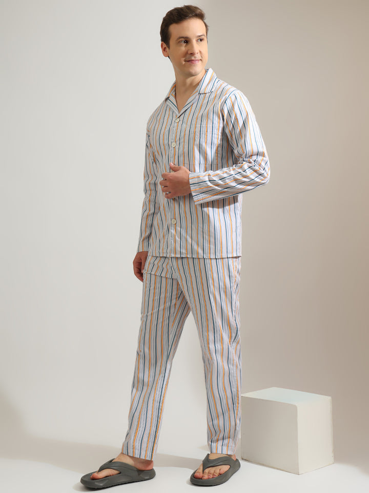 Hancock   Men   Sky Blue   Stripes   Pure Cotton   Relaxed Fit   Night Wear   Night Suit