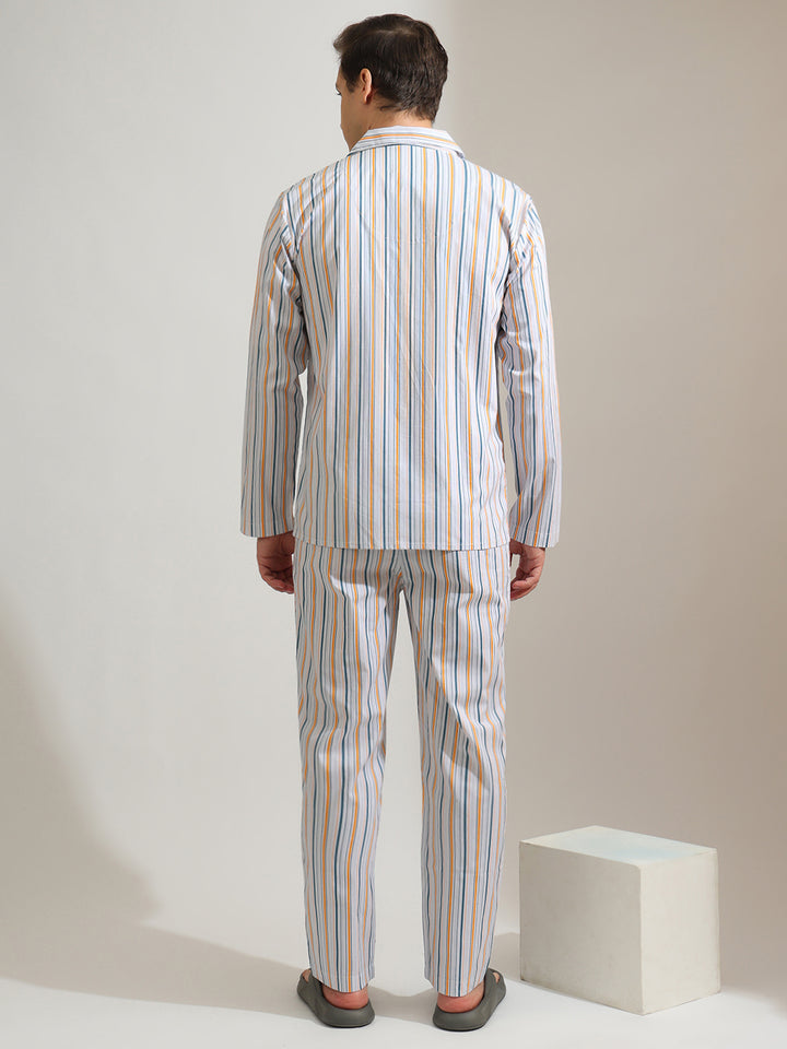 Hancock   Men   Sky Blue   Stripes   Pure Cotton   Relaxed Fit   Night Wear   Night Suit