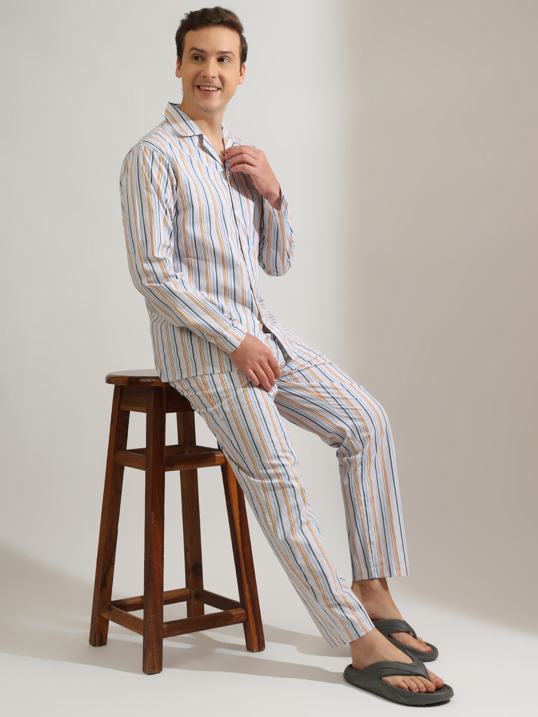 Hancock   Men   Sky Blue   Stripes   Pure Cotton   Relaxed Fit   Night Wear   Night Suit