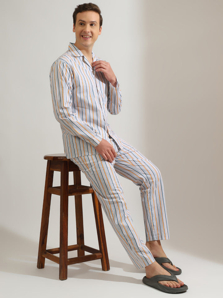 Hancock   Men   Sky Blue   Stripes   Pure Cotton   Relaxed Fit   Night Wear   Night Suit