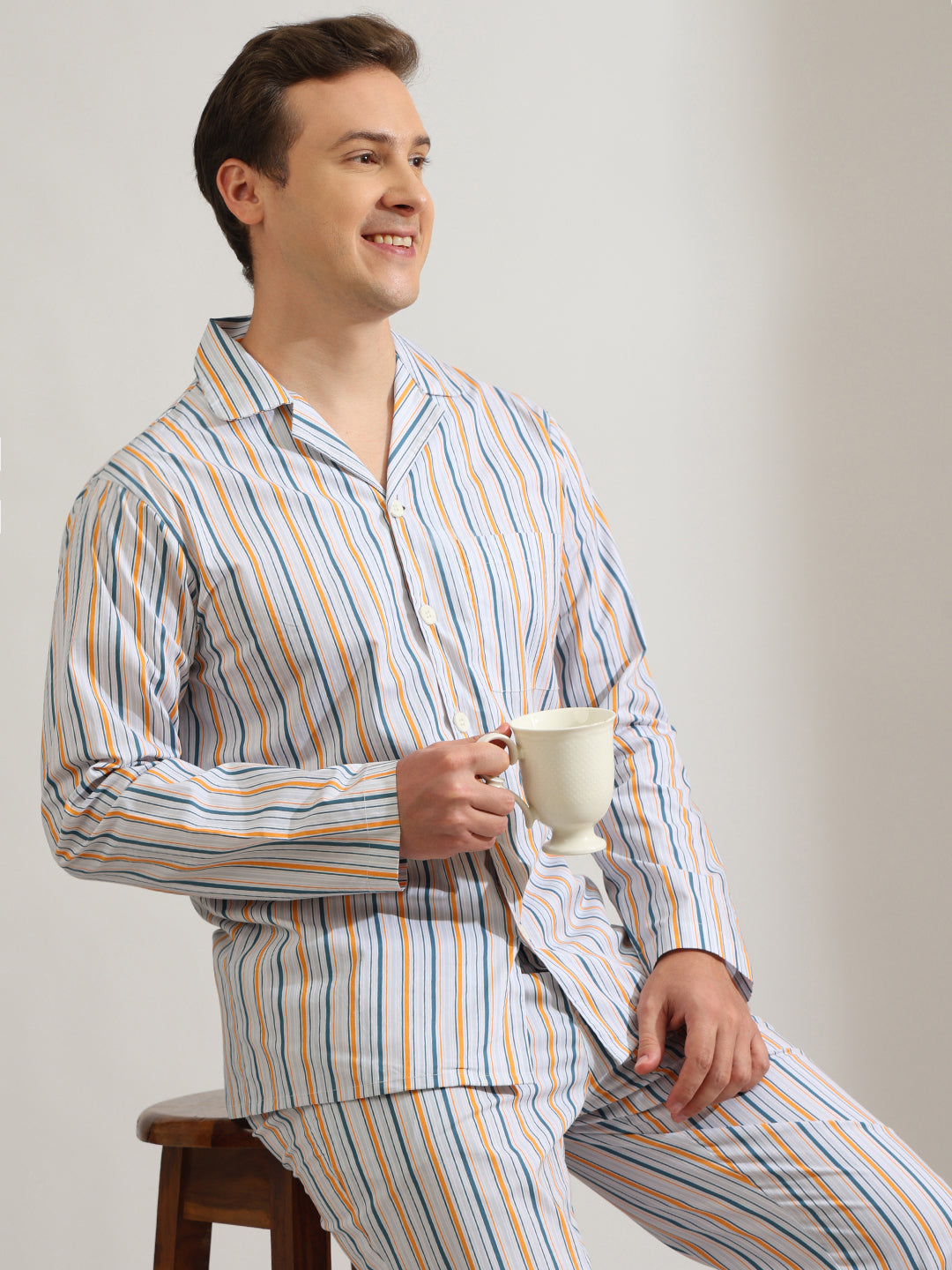 Hancock   Men   Sky Blue   Stripes   Pure Cotton   Relaxed Fit   Night Wear   Night Suit