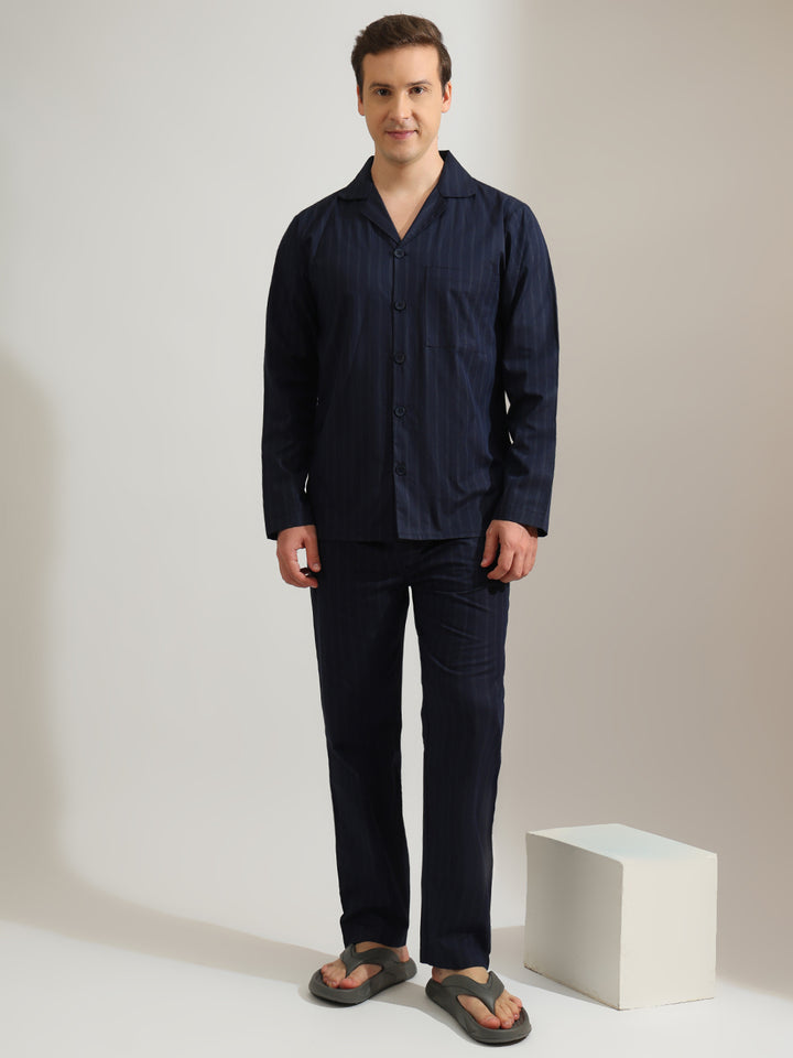 Hancock   Men   Navy Blue   Checks   Pure Cotton   Relaxed Fit   Night Wear   Night Suit