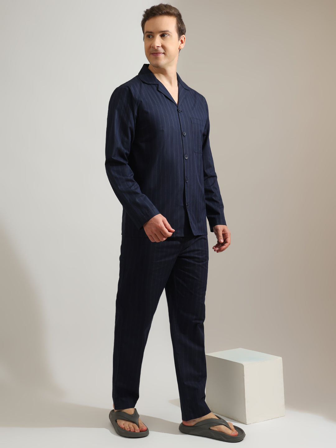 Hancock   Men   Navy Blue   Checks   Pure Cotton   Relaxed Fit   Night Wear   Night Suit