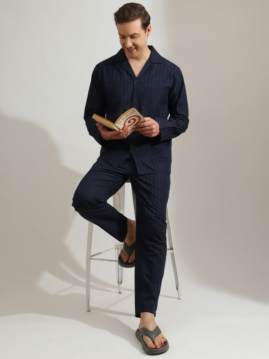 Hancock   Men   Navy Blue   Checks   Pure Cotton   Relaxed Fit   Night Wear   Night Suit