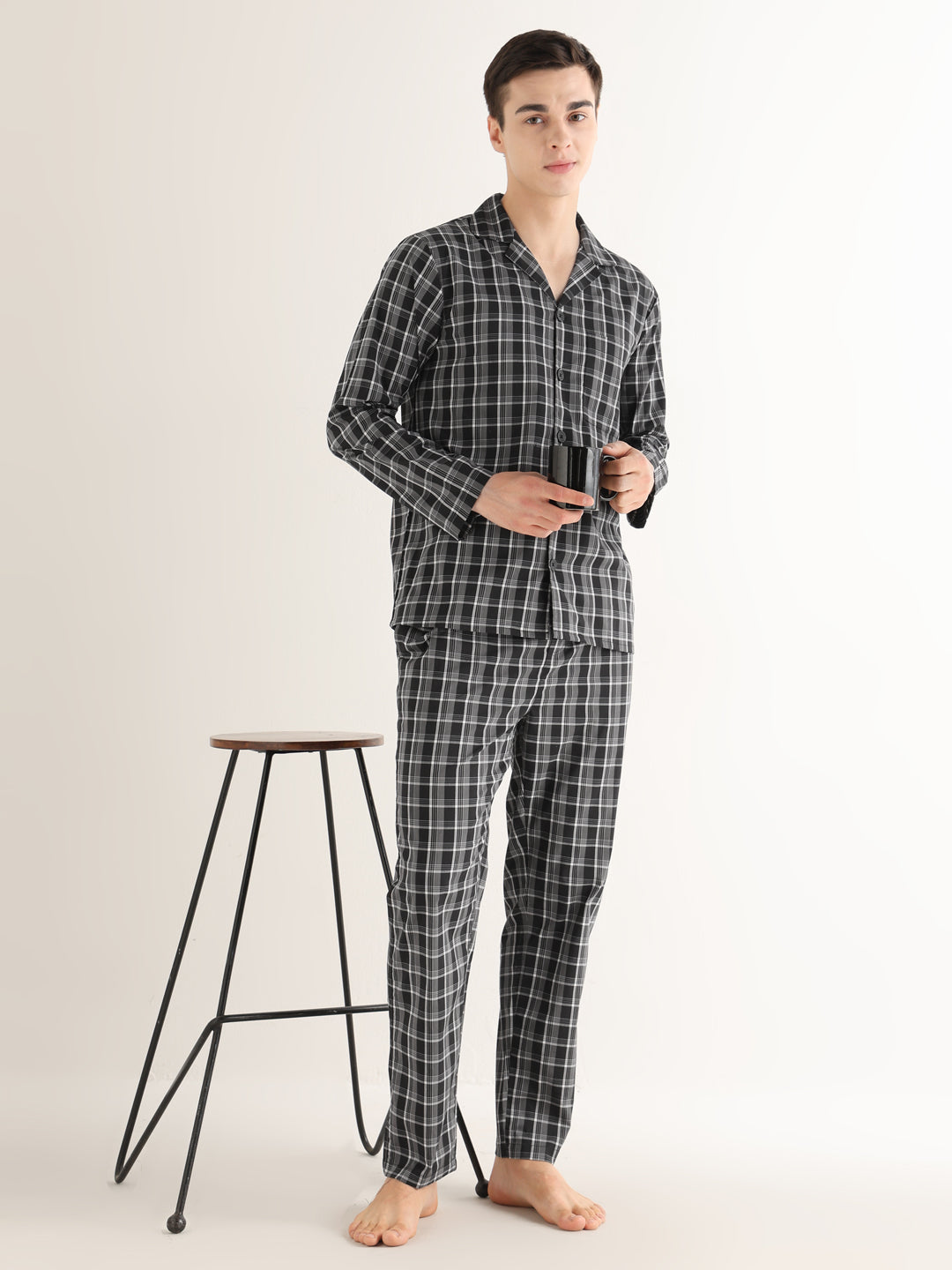 Hancock   Men   Black & White   Checks   Pure Cotton   Relaxed Fit   Night Wear   Night Suit