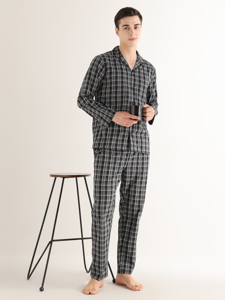 Hancock   Men   Black & White   Checks   Pure Cotton   Relaxed Fit   Night Wear   Night Suit