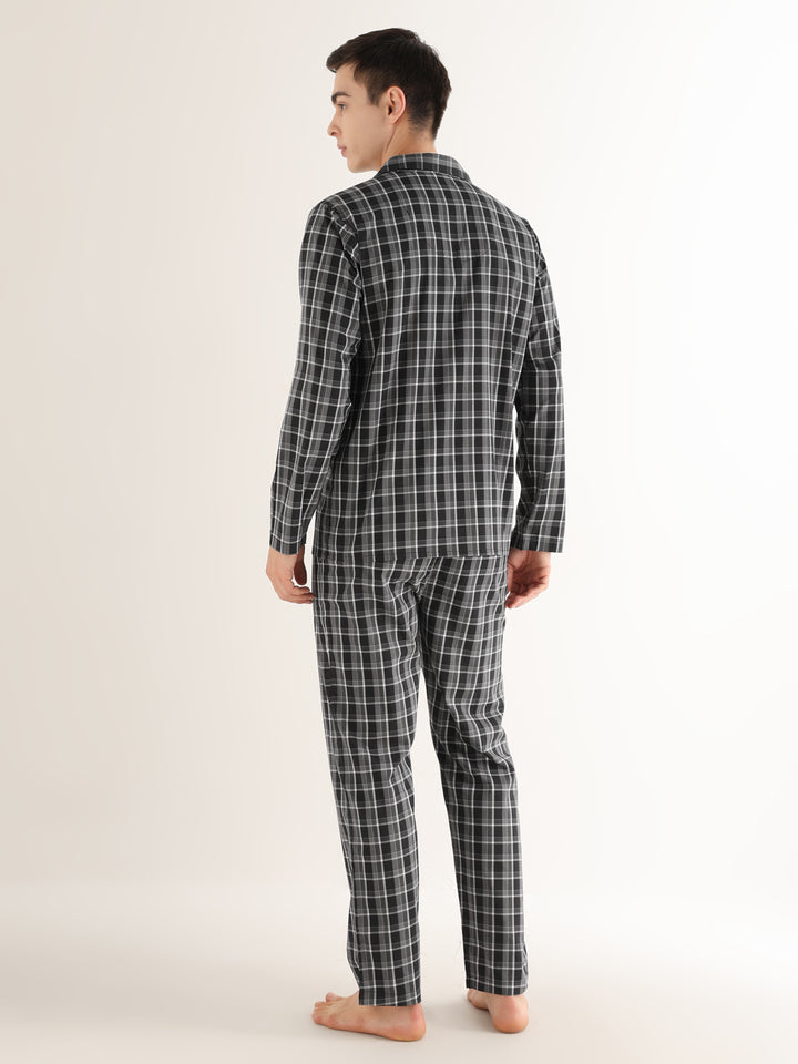Hancock   Men   Black & White   Checks   Pure Cotton   Relaxed Fit   Night Wear   Night Suit