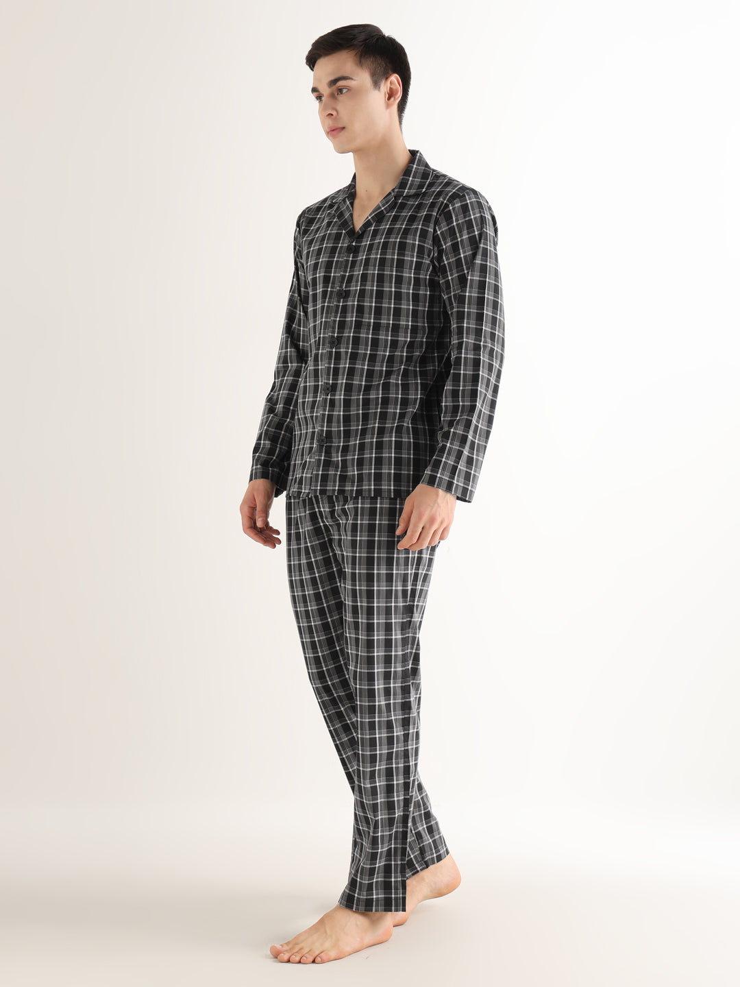 Hancock   Men   Black & White   Checks   Pure Cotton   Relaxed Fit   Night Wear   Night Suit