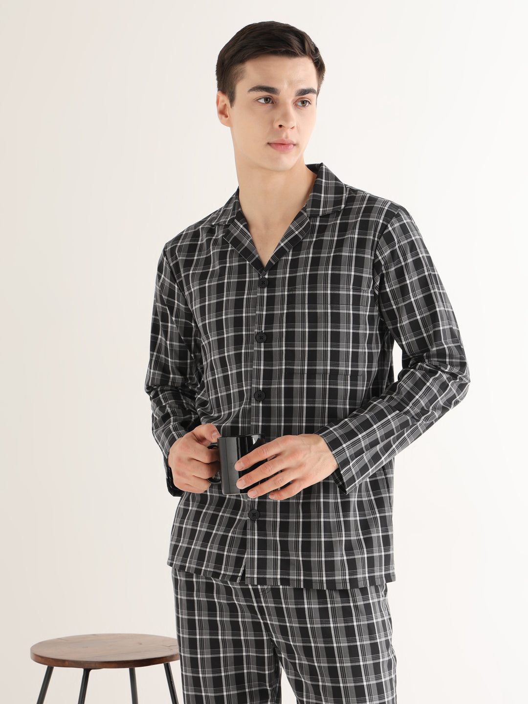 Hancock   Men   Black & White   Checks   Pure Cotton   Relaxed Fit   Night Wear   Night Suit