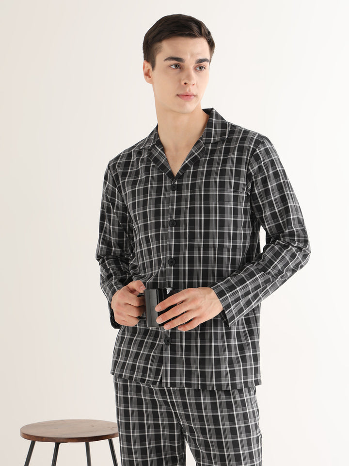 Hancock   Men   Black & White   Checks   Pure Cotton   Relaxed Fit   Night Wear   Night Suit