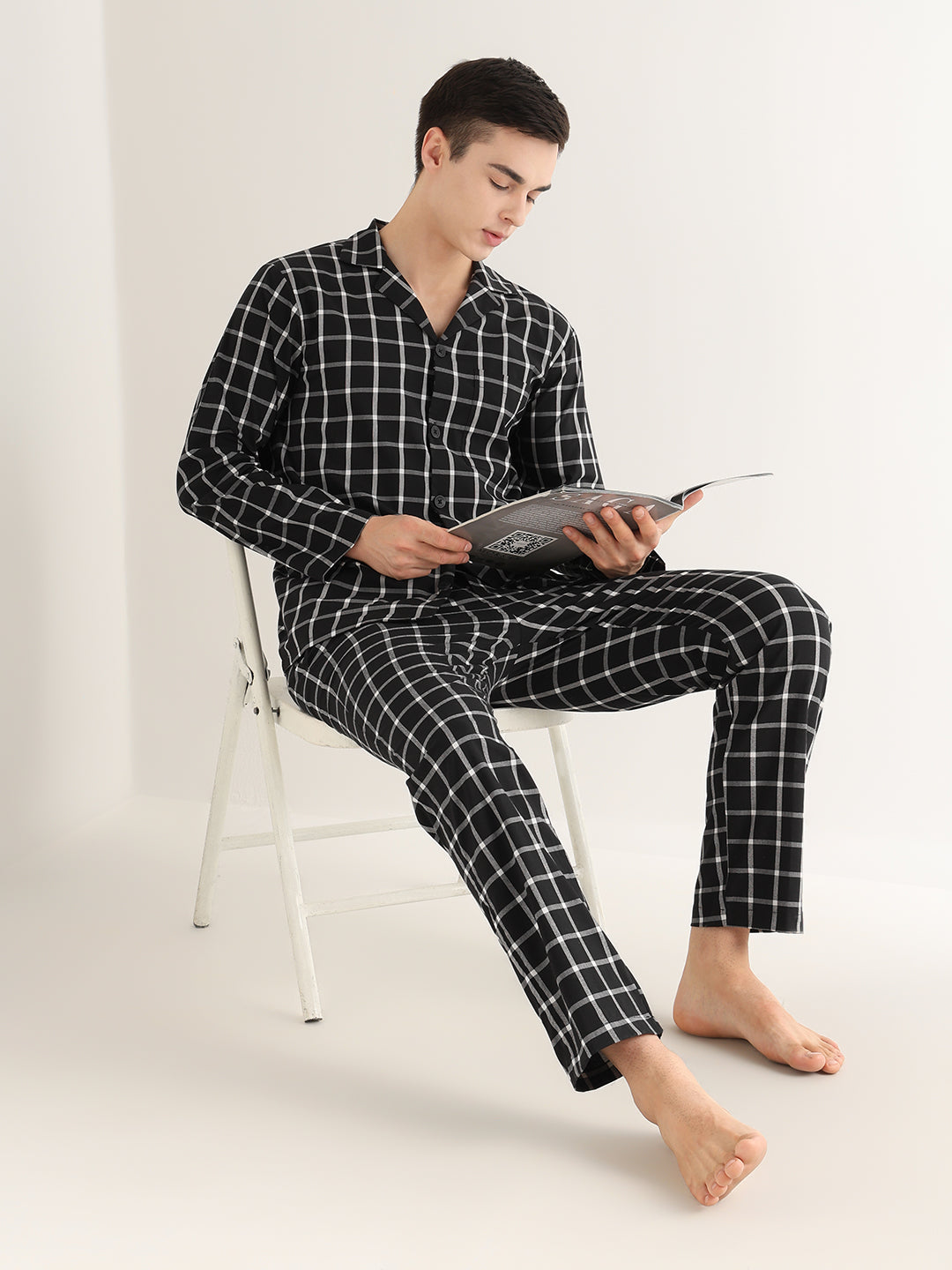 Hancock   Men   Black   Checks   Pure Cotton   Relaxed Fit   Night Wear   Night Suit