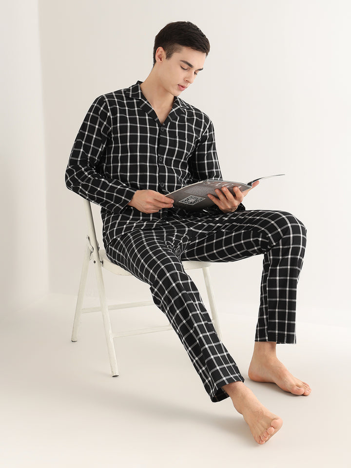 Hancock   Men   Black   Checks   Pure Cotton   Relaxed Fit   Night Wear   Night Suit