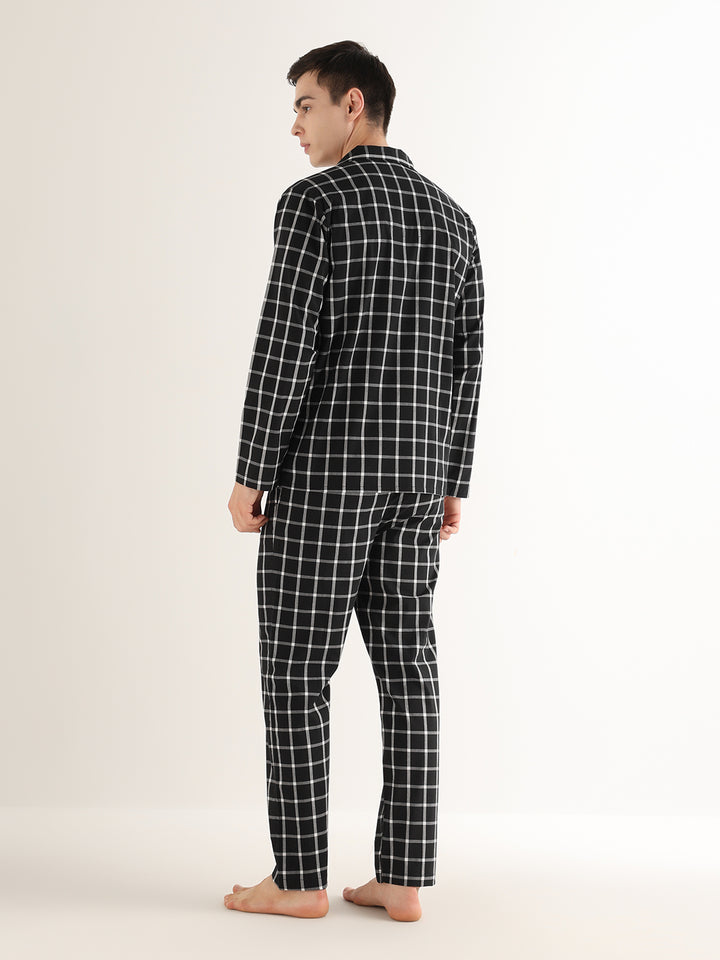Hancock   Men   Black   Checks   Pure Cotton   Relaxed Fit   Night Wear   Night Suit