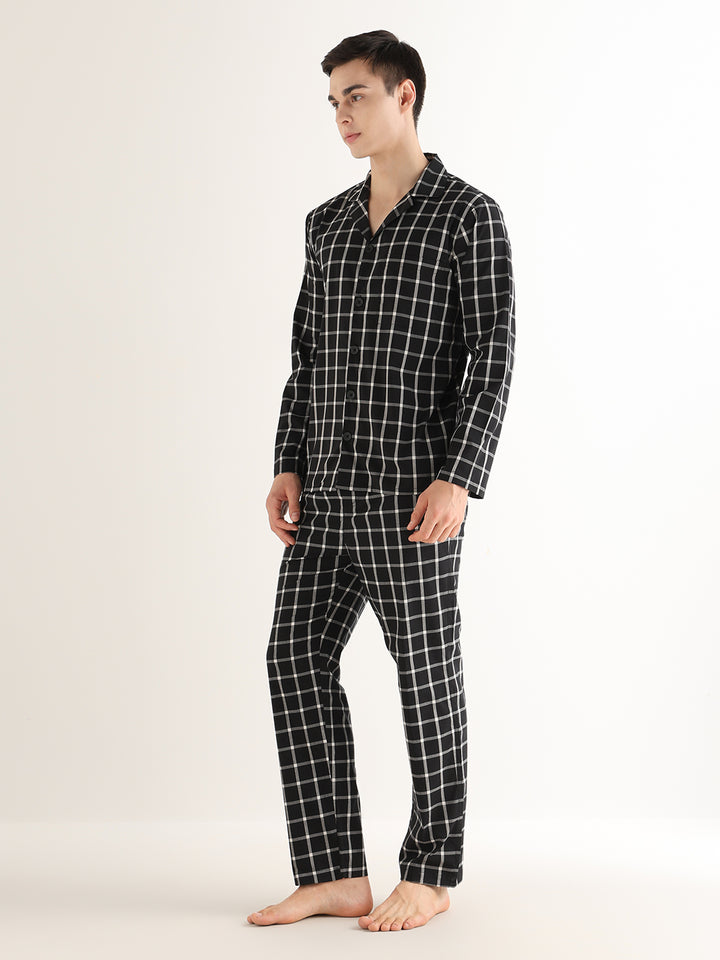 Hancock   Men   Black   Checks   Pure Cotton   Relaxed Fit   Night Wear   Night Suit