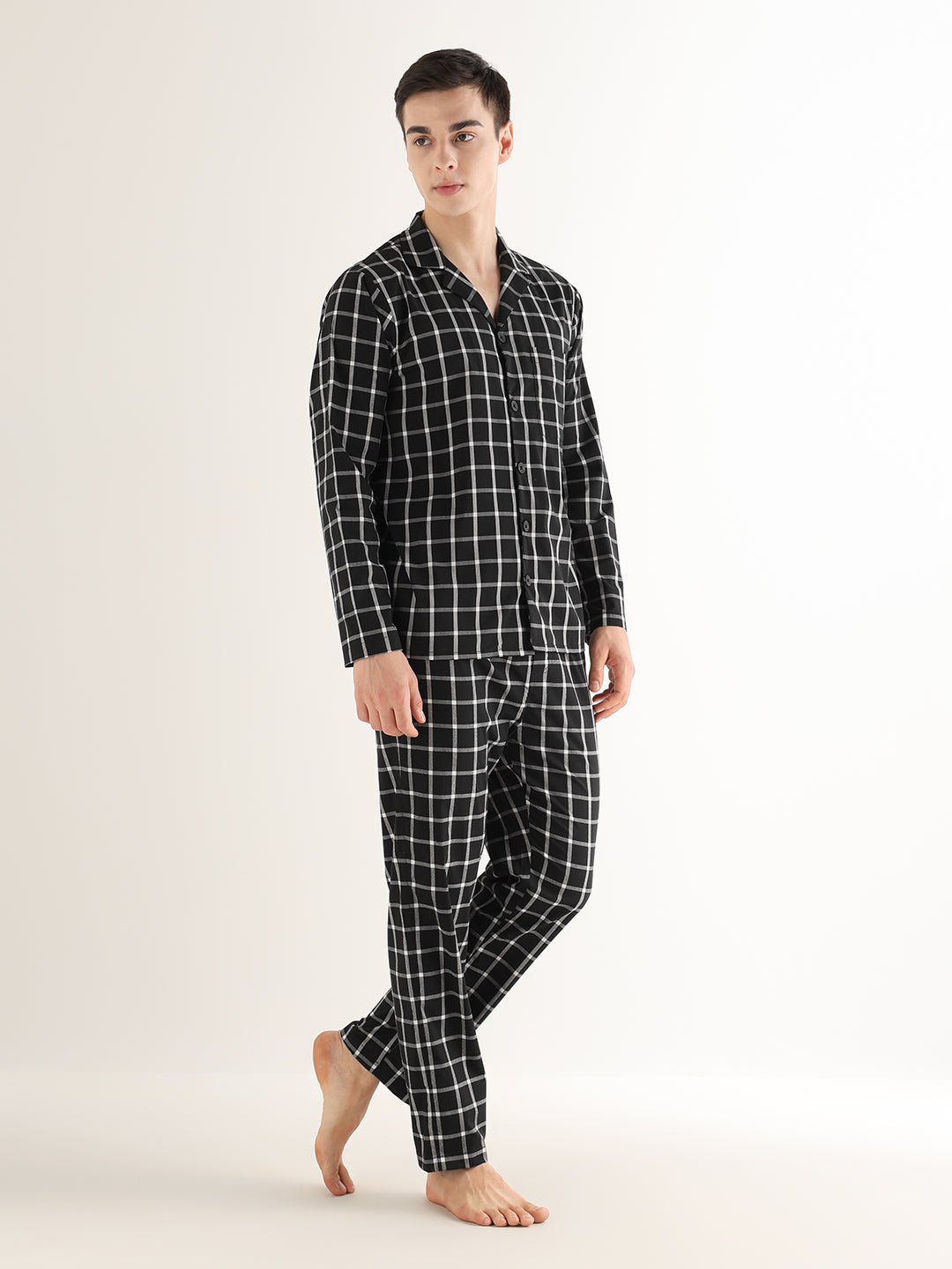 Hancock   Men   Black   Checks   Pure Cotton   Relaxed Fit   Night Wear   Night Suit