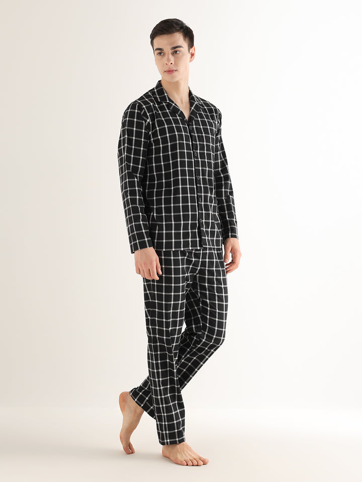 Hancock   Men   Black   Checks   Pure Cotton   Relaxed Fit   Night Wear   Night Suit