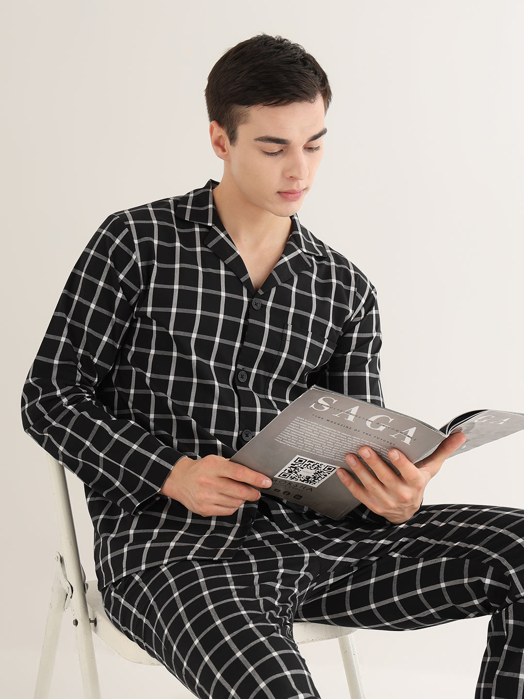 Hancock   Men   Black   Checks   Pure Cotton   Relaxed Fit   Night Wear   Night Suit