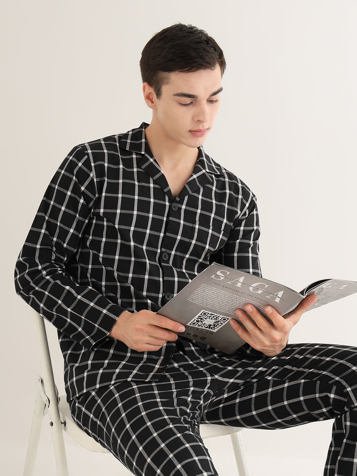 Hancock   Men   Black   Checks   Pure Cotton   Relaxed Fit   Night Wear   Night Suit
