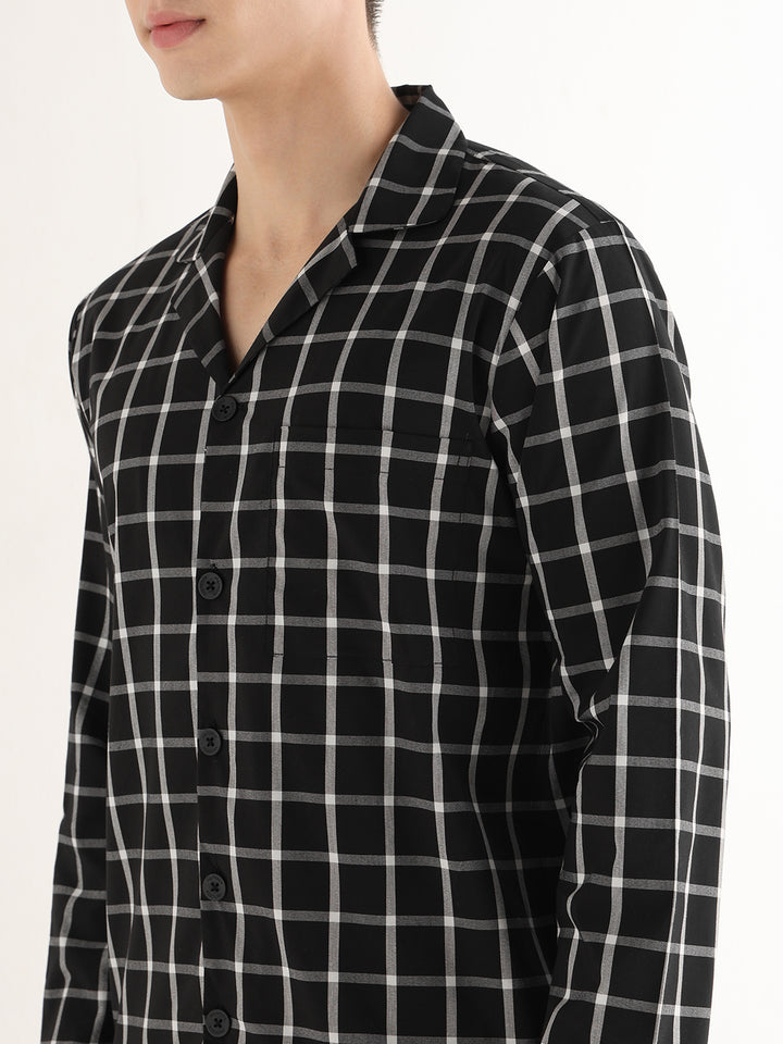 Hancock   Men   Black   Checks   Pure Cotton   Relaxed Fit   Night Wear   Night Suit