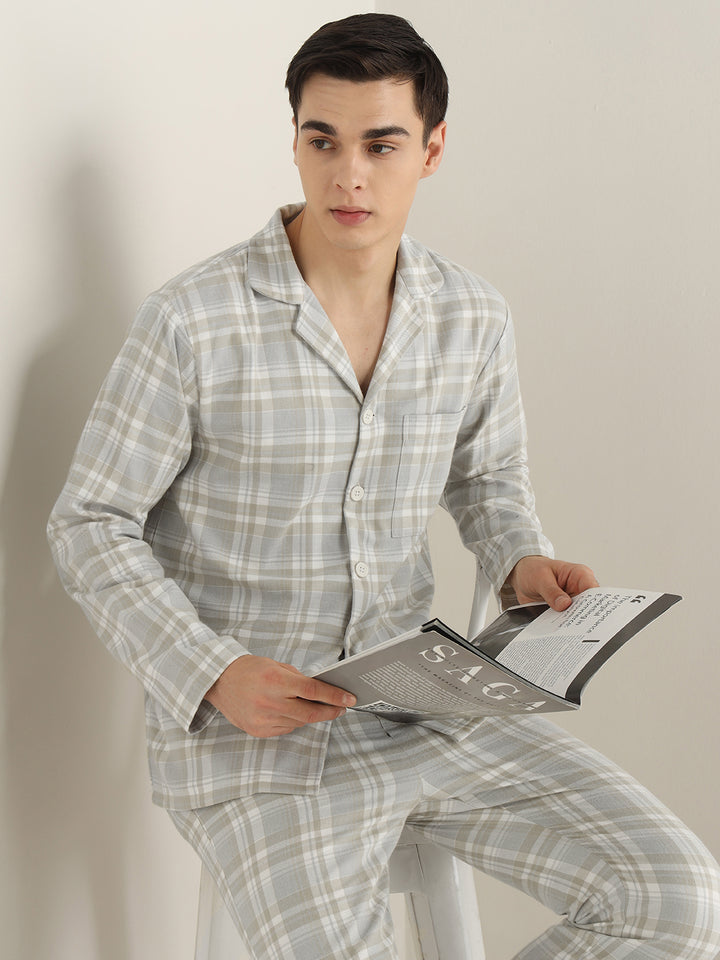 Hancock Men Beige Checked Cotton Blend Relaxed Fit Night Wear Night Suit