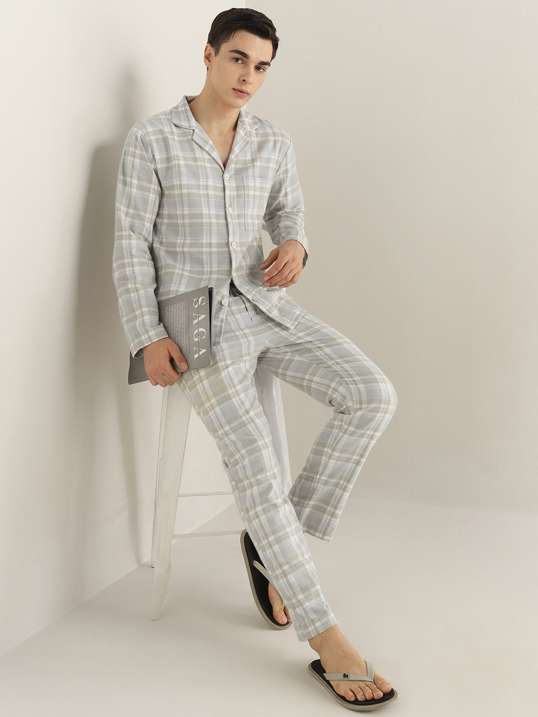 Hancock Men Beige Checked Cotton Blend Relaxed Fit Night Wear Night Suit