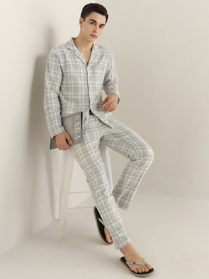 Hancock Men Beige Checked Cotton Blend Relaxed Fit Night Wear Night Suit