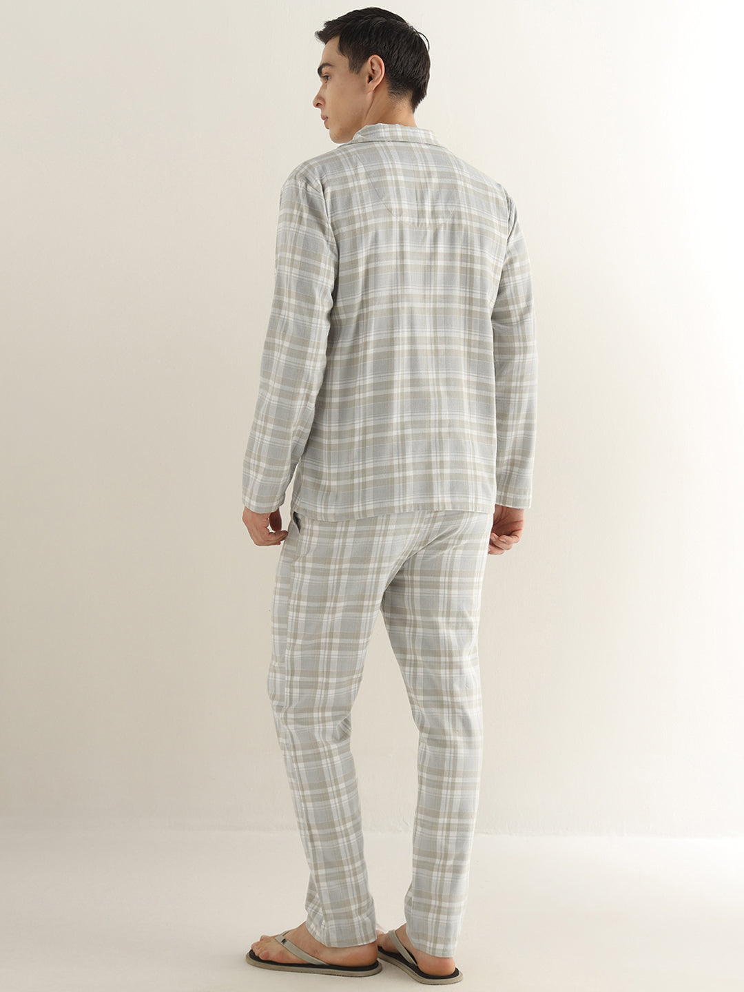 Hancock Men Beige Checked Cotton Blend Relaxed Fit Night Wear Night Suit