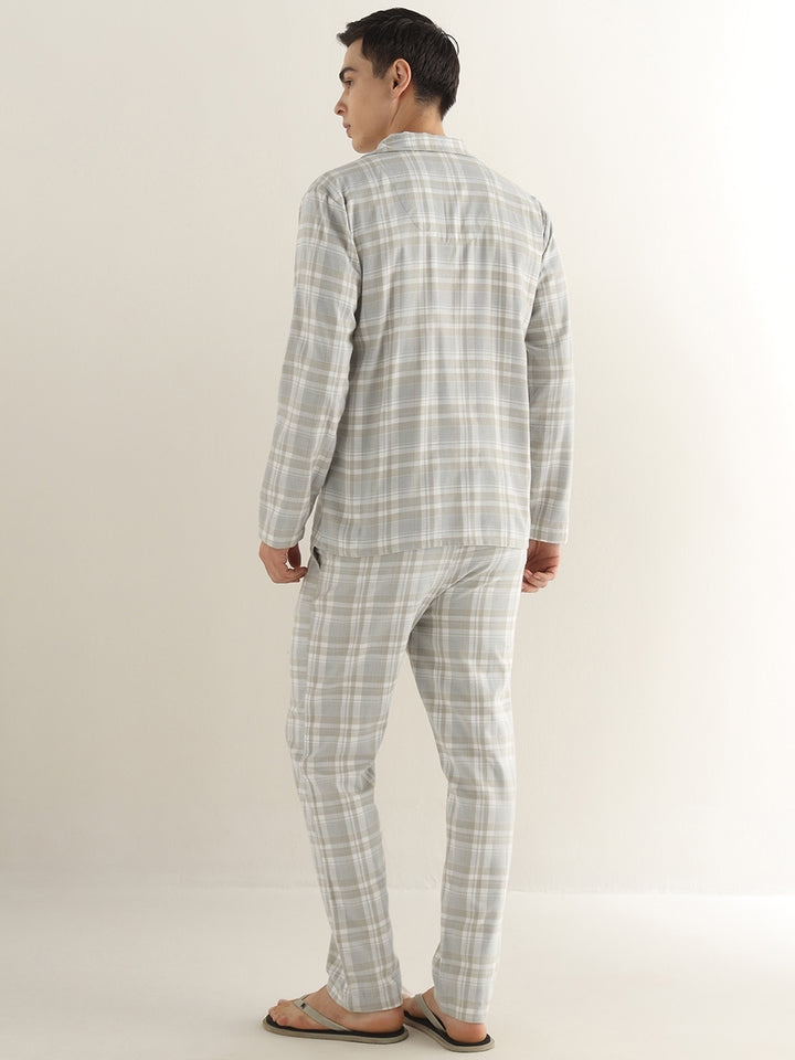 Hancock Men Beige Checked Cotton Blend Relaxed Fit Night Wear Night Suit