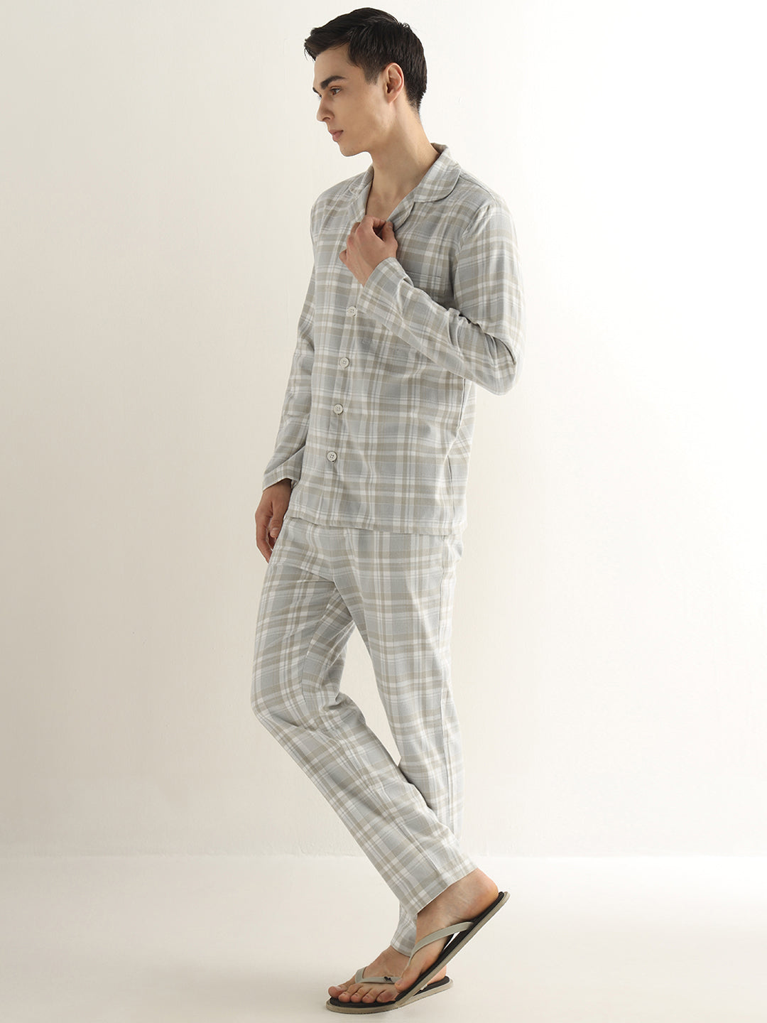 Hancock Men Beige Checked Cotton Blend Relaxed Fit Night Wear Night Suit