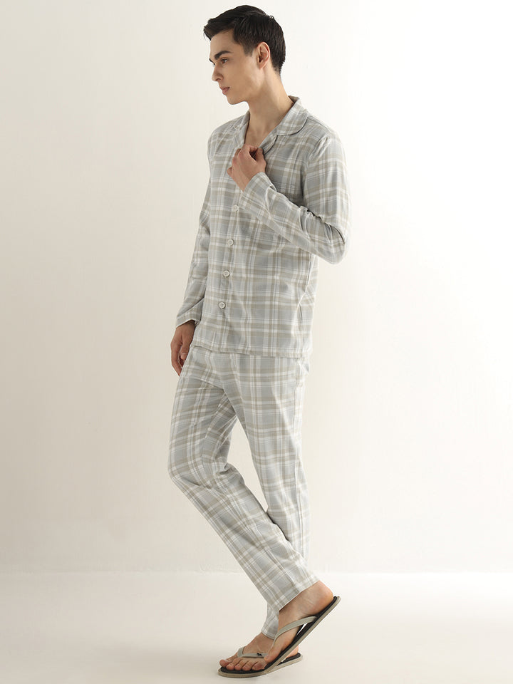 Hancock Men Beige Checked Cotton Blend Relaxed Fit Night Wear Night Suit