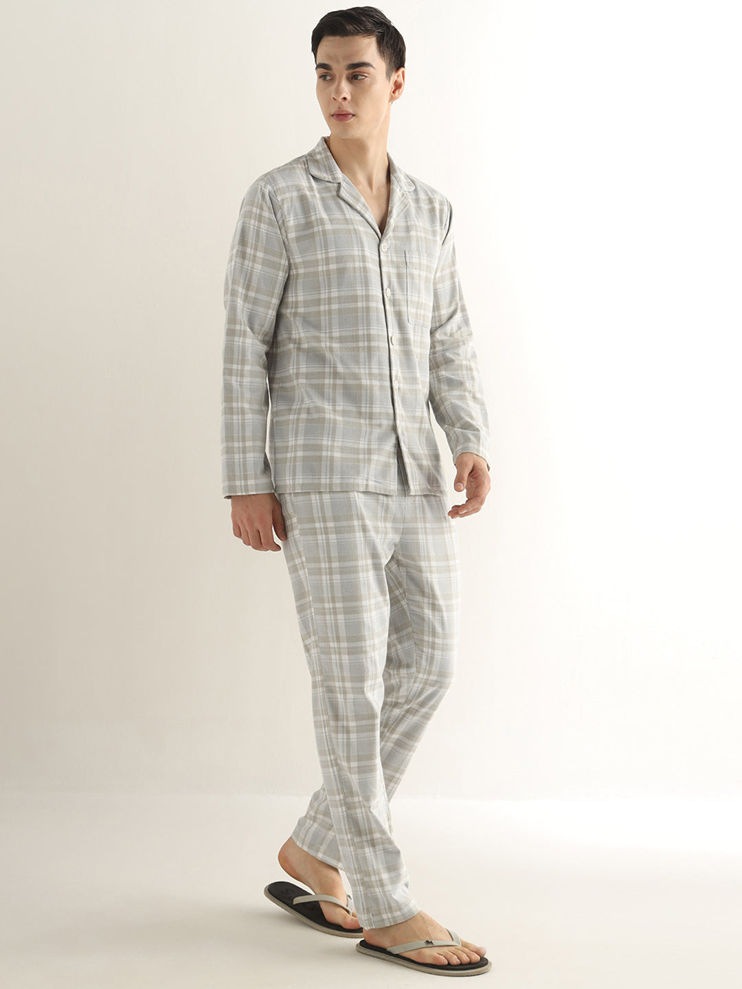 Hancock Men Beige Checked Cotton Blend Relaxed Fit Night Wear Night Suit