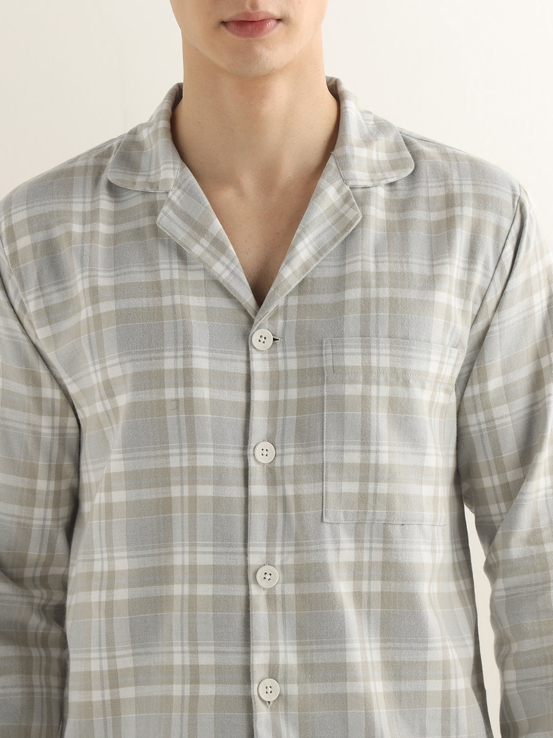 Hancock Men Beige Checked Cotton Blend Relaxed Fit Night Wear Night Suit