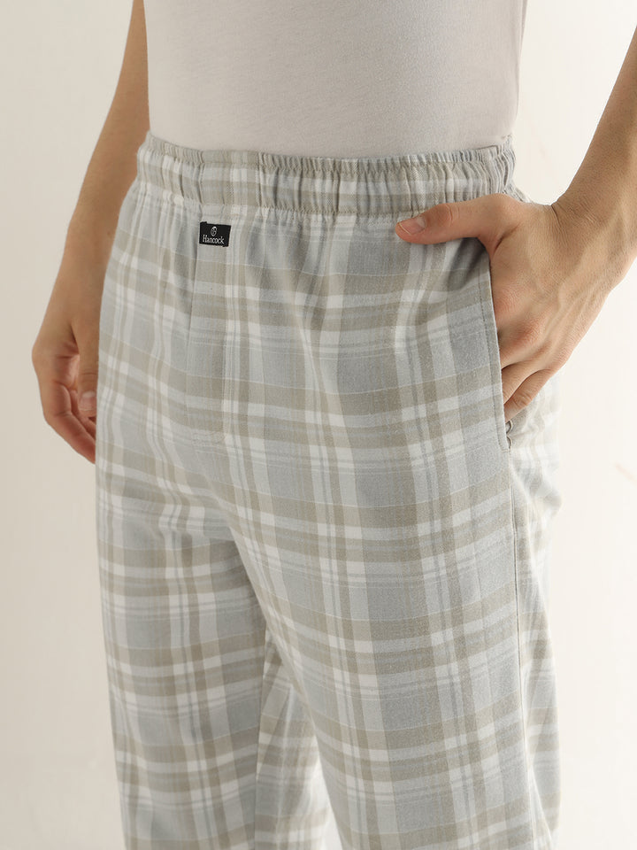 Hancock Men Beige Checked Cotton Blend Relaxed Fit Night Wear Night Suit